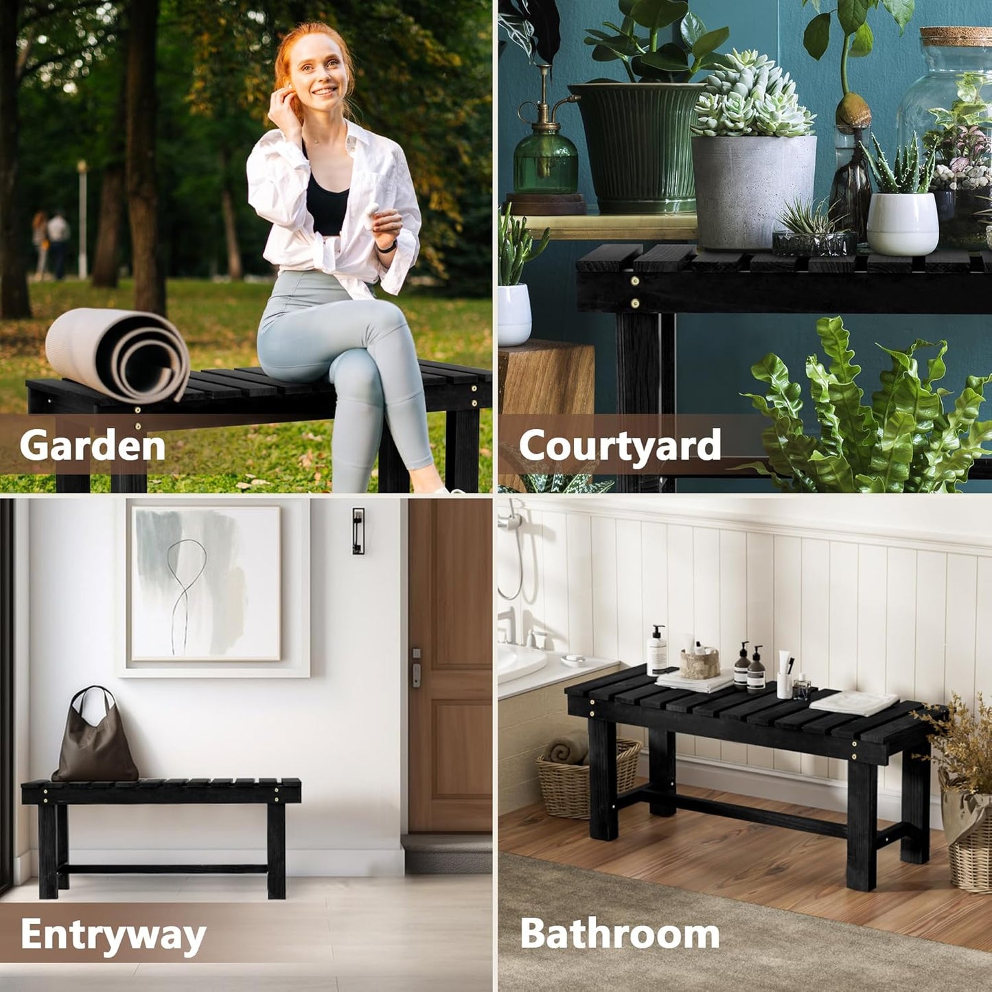 Nidouillet 35.5" Outdoor Garden Bench, Weatherproof Patio Benches 2-Person Seat Backless Wooden Porch Bench, Multifunctional Slat All Weather Bench for Garden Lawn Front Porch Park Backyard (Black)