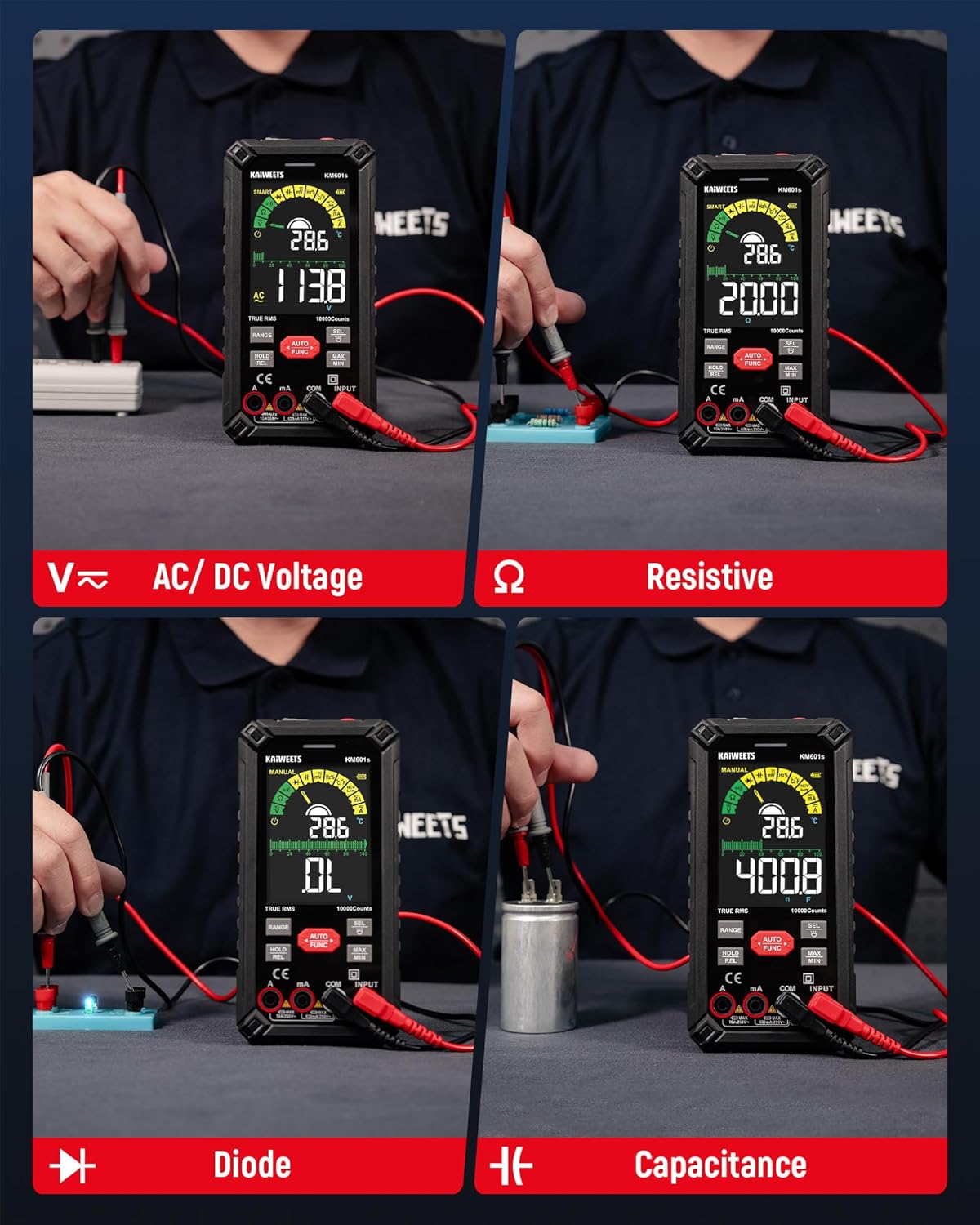 KAIWEETS Digital Multimeter 10000 Counts TRMS Auto Ranging, Rechargeable Smart Multimeter, Color LCD Screen Volt Meter, Measures Voltage, Current, Resistance, Continuity, Capacitance, Frequency
