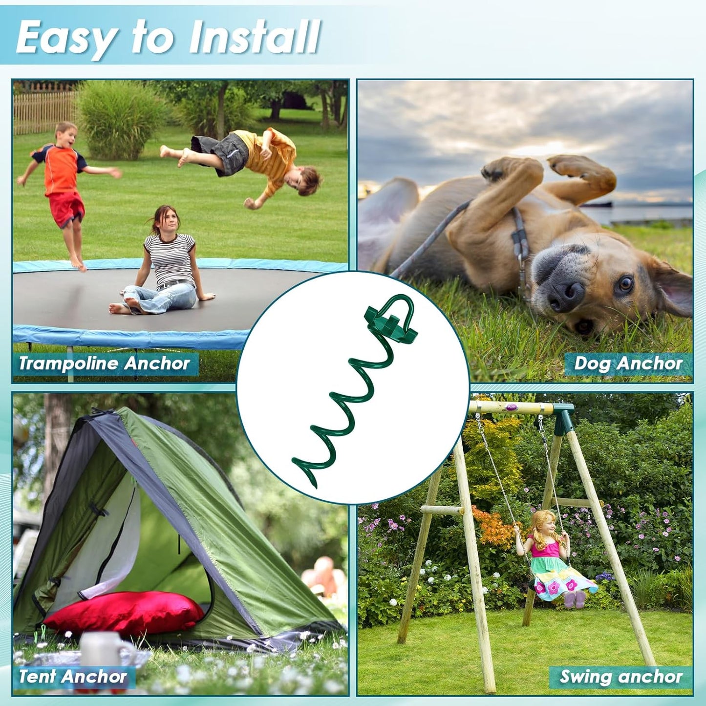 FEED GARDEN 12.2 Inch Spiral Ground Anchors Heavy Duty Screw in Spiral Stakes 4 Pack Folding Ring Ground Stakes for Securing Dogs,Tents, Trampolines, Canopies, Swing Sets,Green