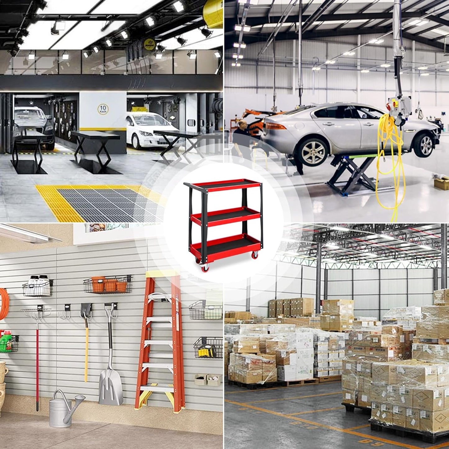 3 Tier Tool Cart with Wheels, Heavy-Duty Steel Utility Rolling Cart, 660 lbs Loading Capacity for Workshop, Garage, Warehouse, Repair Shop