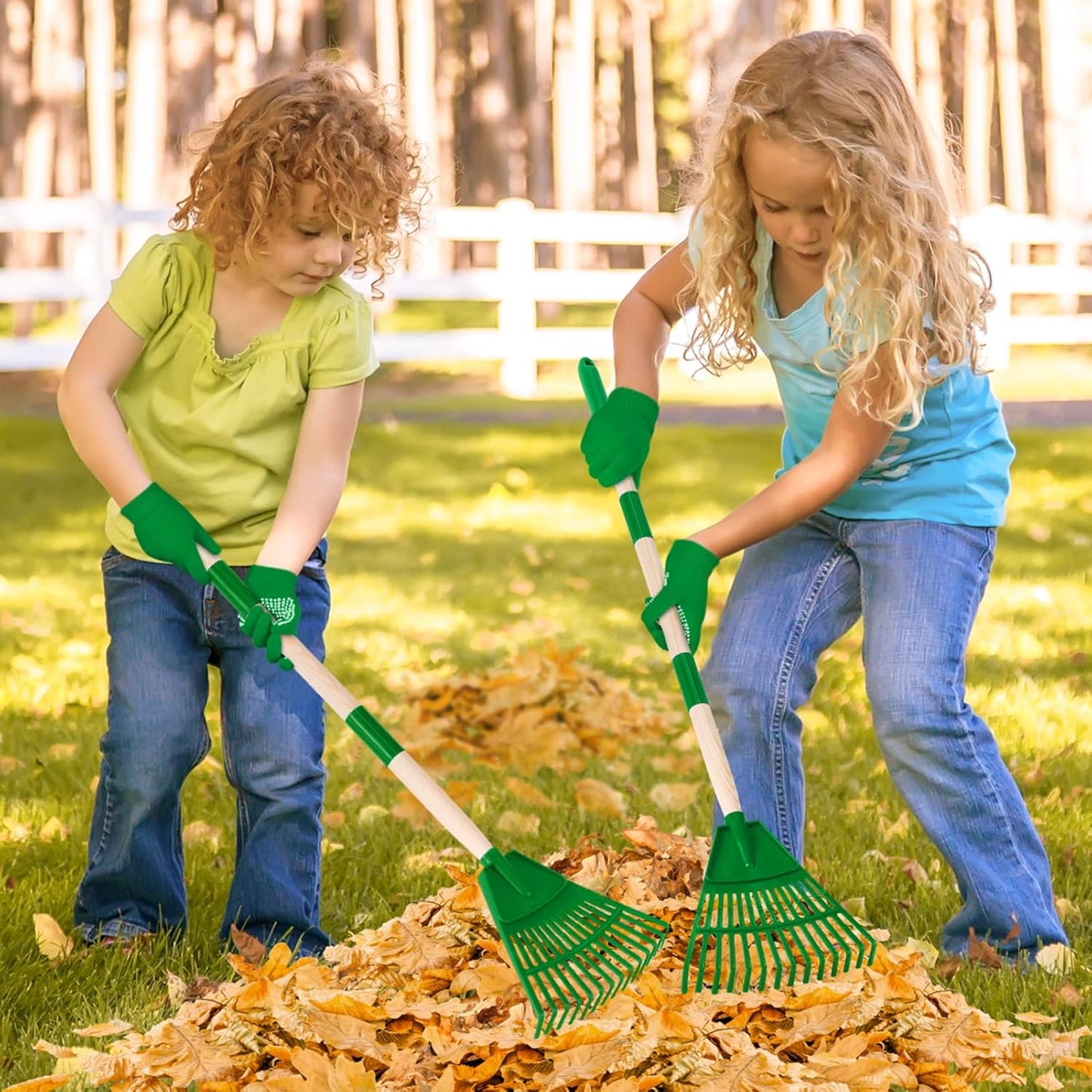 2 Pcs 35'' Kids Rakes for Leaves - Plastic Rake Head with 2 Pairs Kids Gloves, Small Kids Lawn Rakes Detachable Wooden Handle, Autumn Garden Tool Set for Kids Boys and Girls, Green, 3yr+