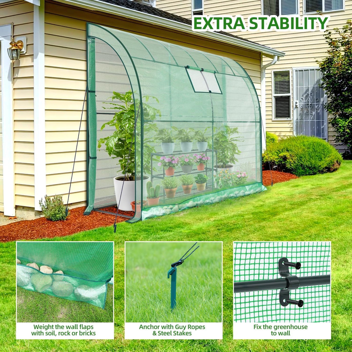Lean-to Greenhouse with 3-Tier Shelves: Ohuhu Portable Walk-in Wall Mounted Green House with Mesh Windows, 79"x39"x83" Large Greenhouses with 2 Roll-Up Zipper Doors Reinforced Structure for Outdoors