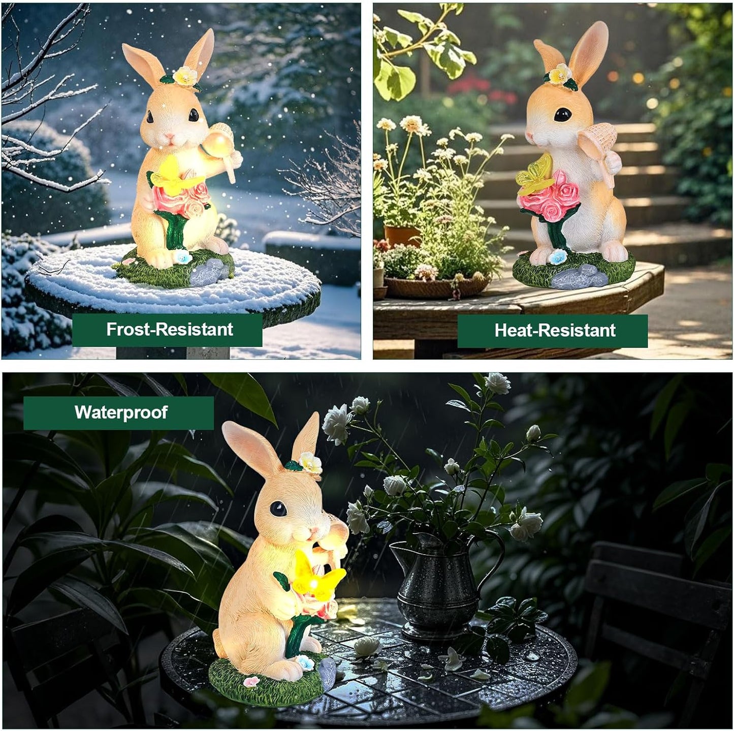 Garden Statues Rabbit with Solar Light,Bunny Outdoor Garden Decor Ornaments for Patio Yard Art,Birthday Easter House Warming Garden Gift for Women Mom,Resin Animal Figurine with Wider Base