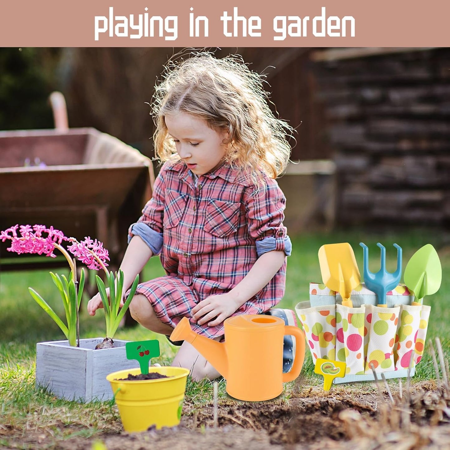 Kids Gardening Set, Kids Gardening Tools with Watering Can, Shovel, Rake, Gloves, Waterproof Apron and Storage Bag, Children Garden Tool for Boys Girls Age 3 4 5 6 7 8