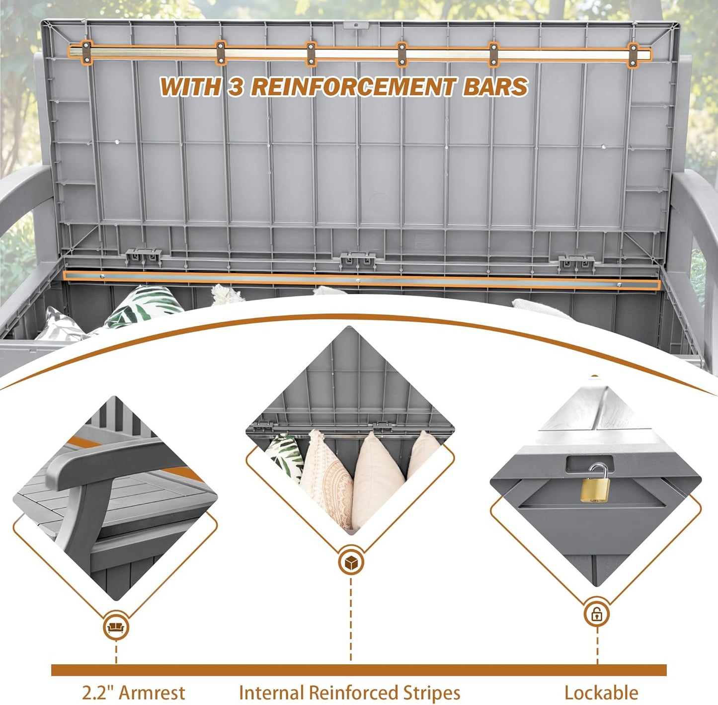 Devoko 80 Gallon Storage Bench Deck Box Lockable for Patio Furniture, Garden Decor and Outdoor Seating for Cushions, Garden Tools and Pool Supplies (Grey)