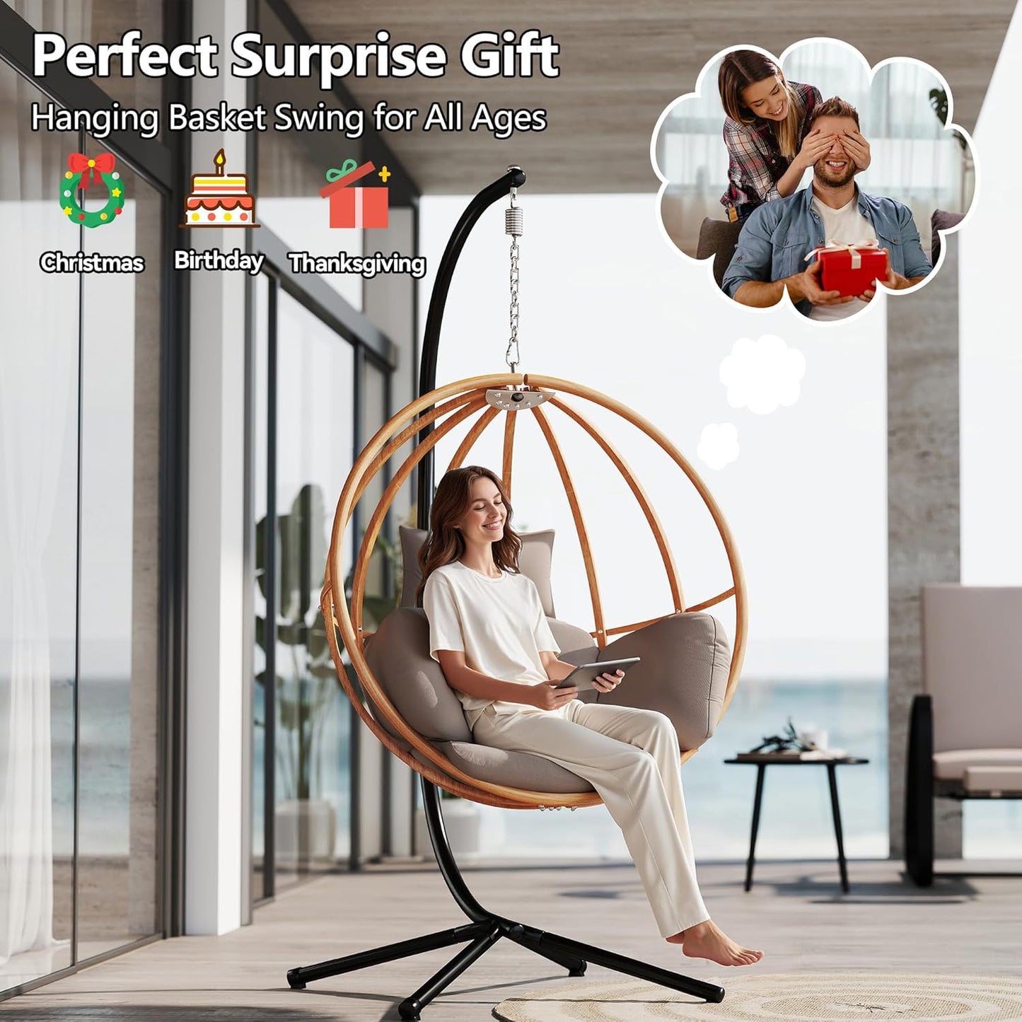 Egg Cahir Outdoor, Imitation Rattan Hanging Egg Chair with Stand, Hanging Chairs with Cushions, 80" High All Weather Basket Swinging Chairs, Egg Swing Chairs Outdoorfor Balcony/Deck, Khaki