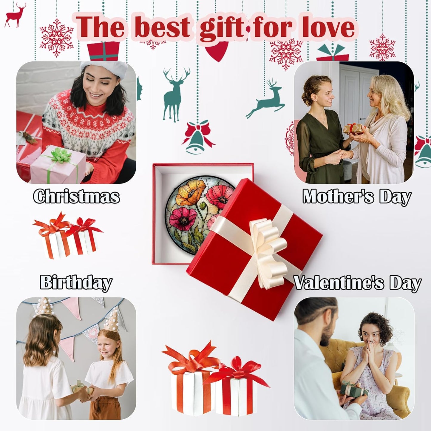 Stained Glass Suncatcher, Red Orange Poppy Flowers Sun Catcher Silver Background Wildflowers Window Hanging Decor Christmas Mother Birthday Gifts for Women Men Mom Nana 9.8 in