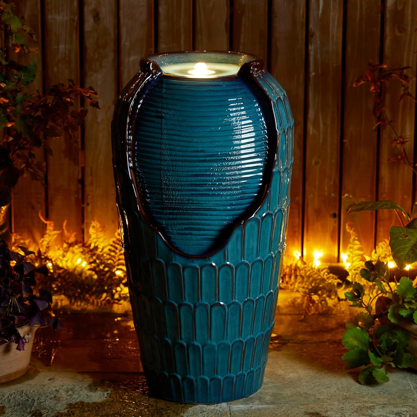 Glitzhome 28.25" H Oversized Ceramic Petals Textured Jar Outdoor Water Fountain, Vintage Turquoise Glaze Vase Patio Garden Waterfall Fountain with LED Light and Submersible Pump
