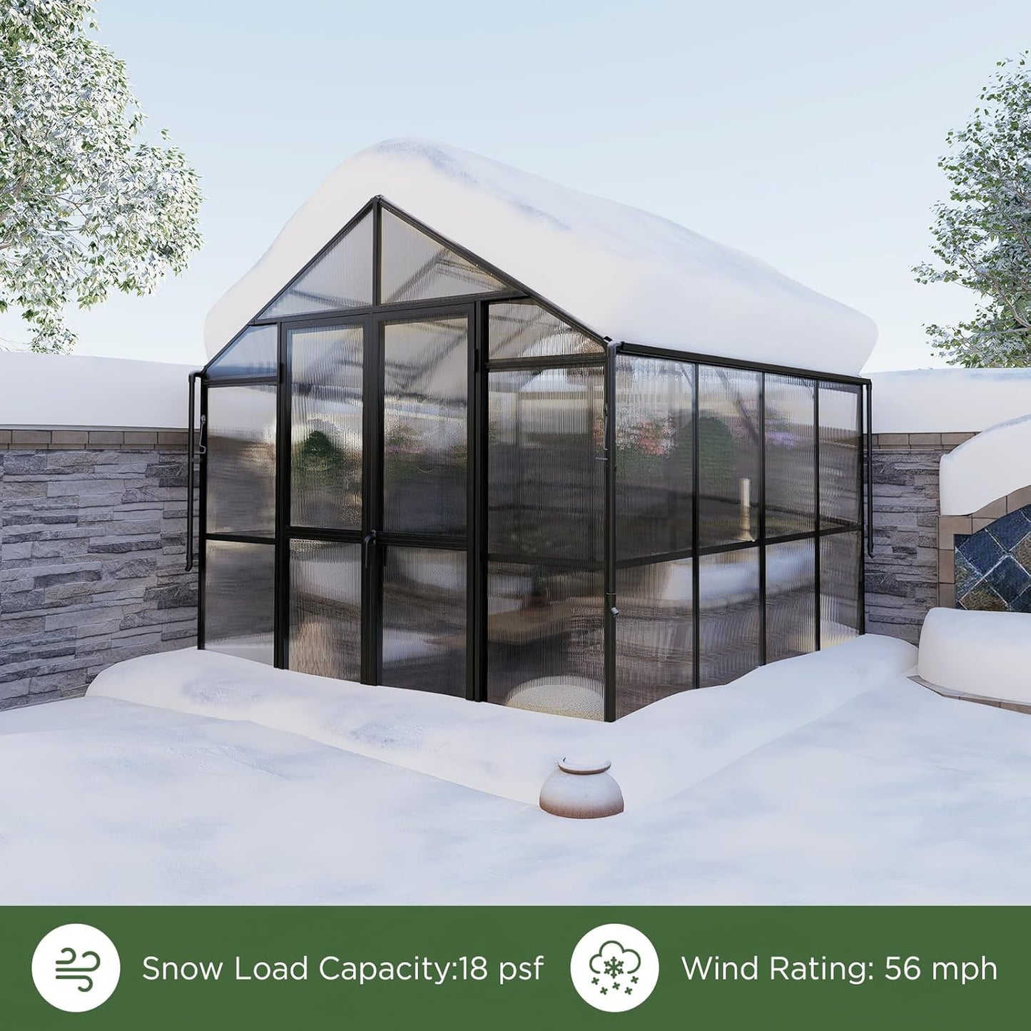 HOWE 8x8x7.5 FT Aluminum Greenhouses for Outdoors,Polycarbonate Greenhouse with 2 Vents Lockable Swing Door Rain Gutter,Walk-in Greenhouse for Backyard Plants, Black