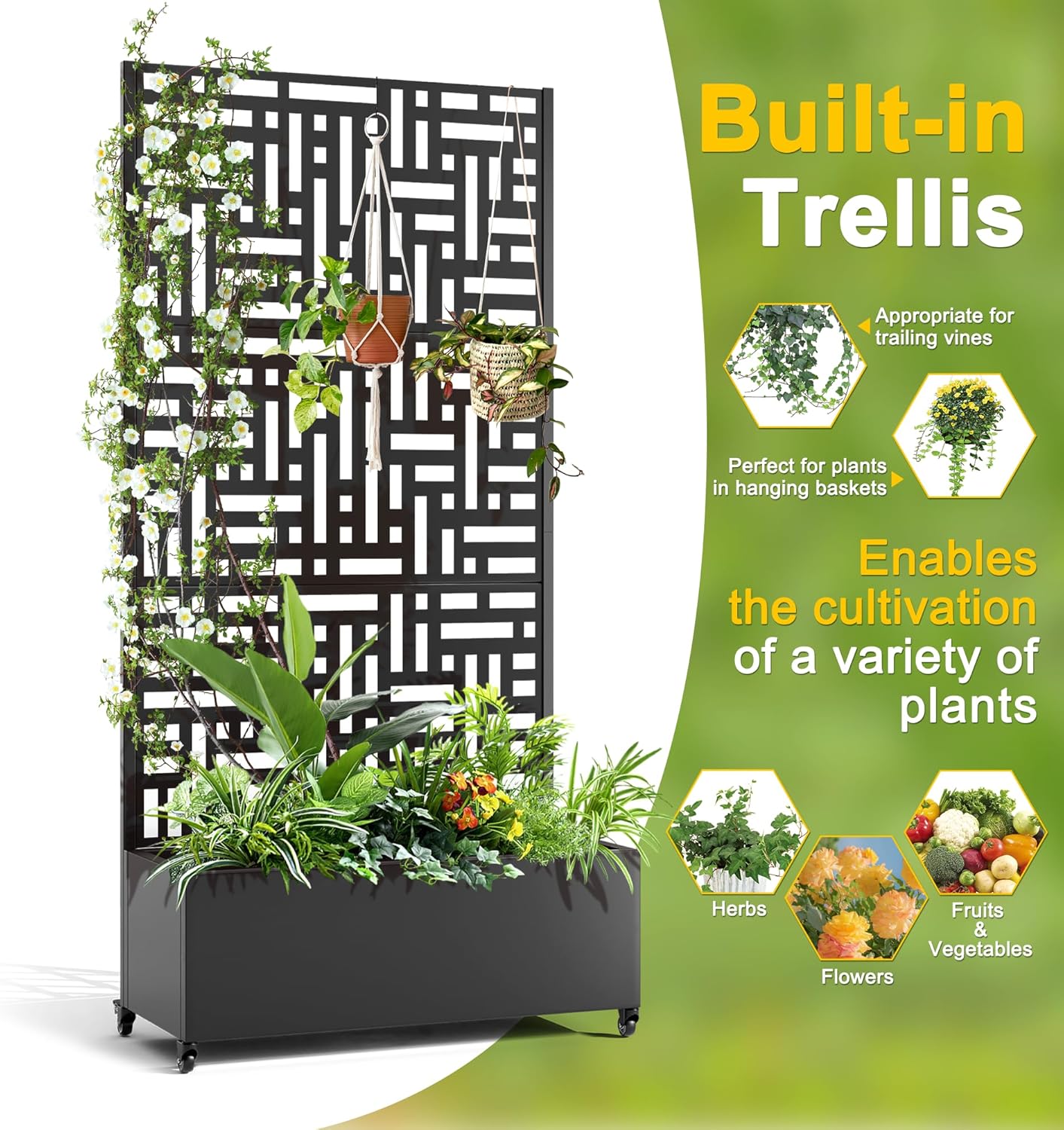 FENCY Metal Raised Garden Bed with Wheels and Trellis,73"x35"x16" Planter Box for Climbing Plants, Vegetables & Vines, Features Privacy Screen and Drainage Holes (Black-Geometric Lattice)