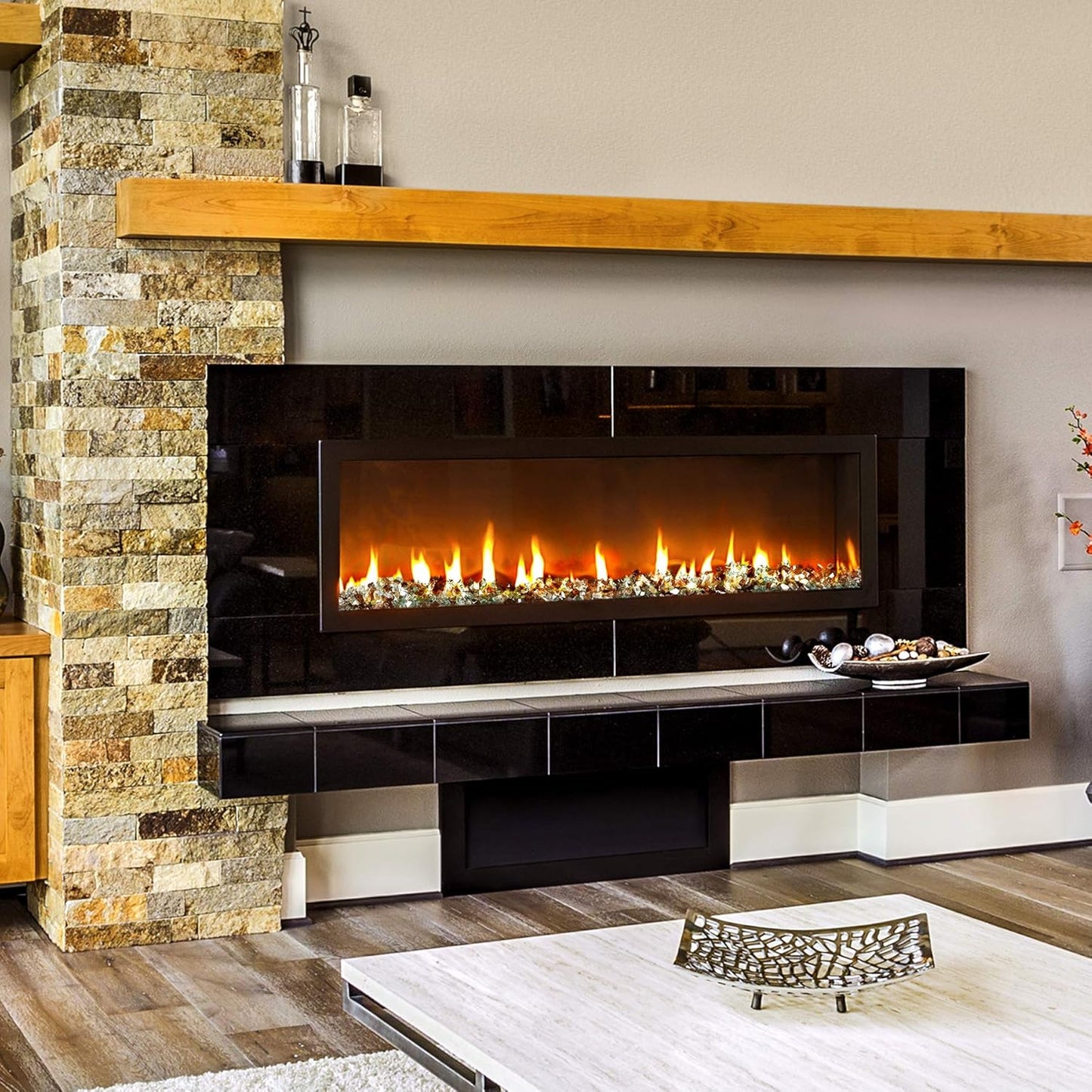 Mr. Fireglass Blended Reflective Fire Glass for Fire Pit Fireplace and Landscaping, 10 Pounds 1/4 Inch Mixed Colored High Luster Fireglass Rocks for Outdoor and Indoor Use Copper+Gold+Light Green