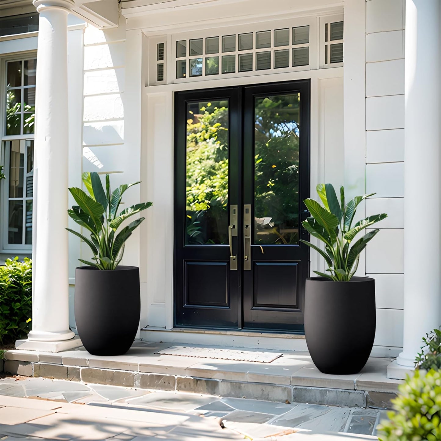 Kante 21.7 Inch Tall Concrete Planter, Large Indoor Outdoor Plant Pot with Drainage, Smooth Black Finish with Warm Brown Interior, Ideal for Porch, Home, Garden, Patio