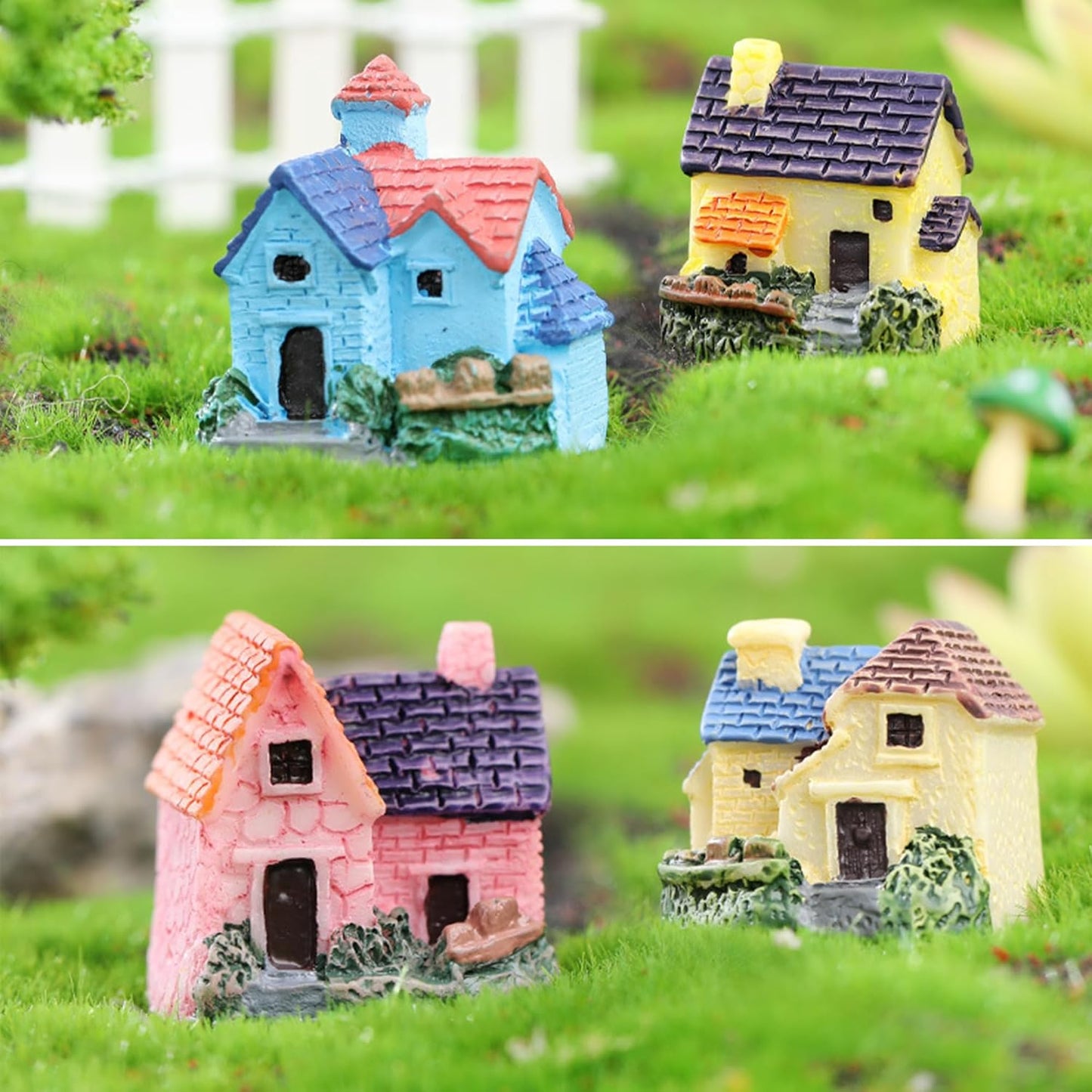 8PCS Colorful Miniature House Mini House Cottage Resin Figurines Fairy Garden Accessories Outdoor Vintage Small Micro Landscape Ornament Plant Flower Pot Terrarium Home Decor Supplies
