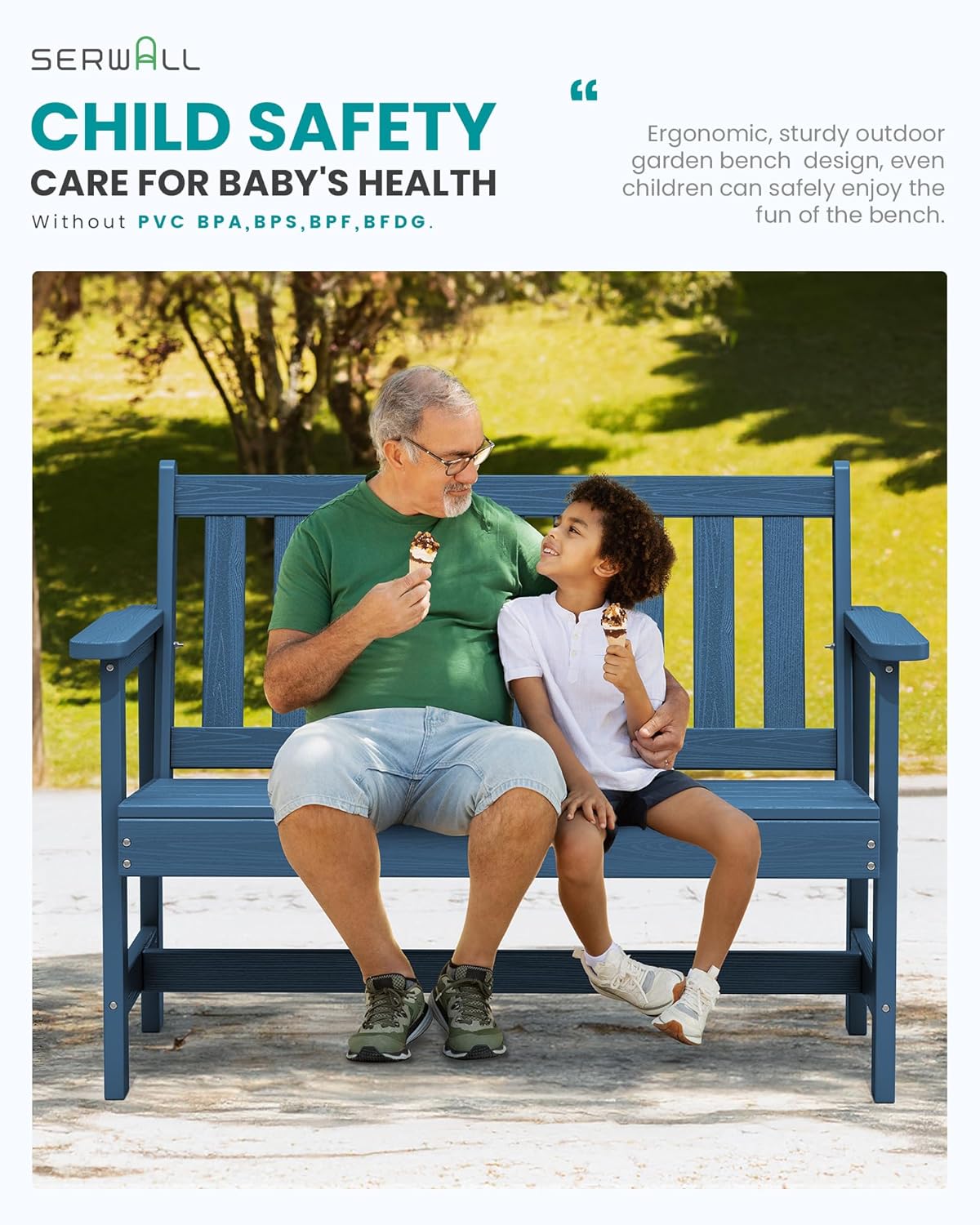 SERWALL HDPE Outdoor Benches Weatherproof, 2-Person Garden Bench with 660 lbs Weight Capacity, Patio Benches for Outdoors, Garden, Porch, Park, Navy, 2 Pack