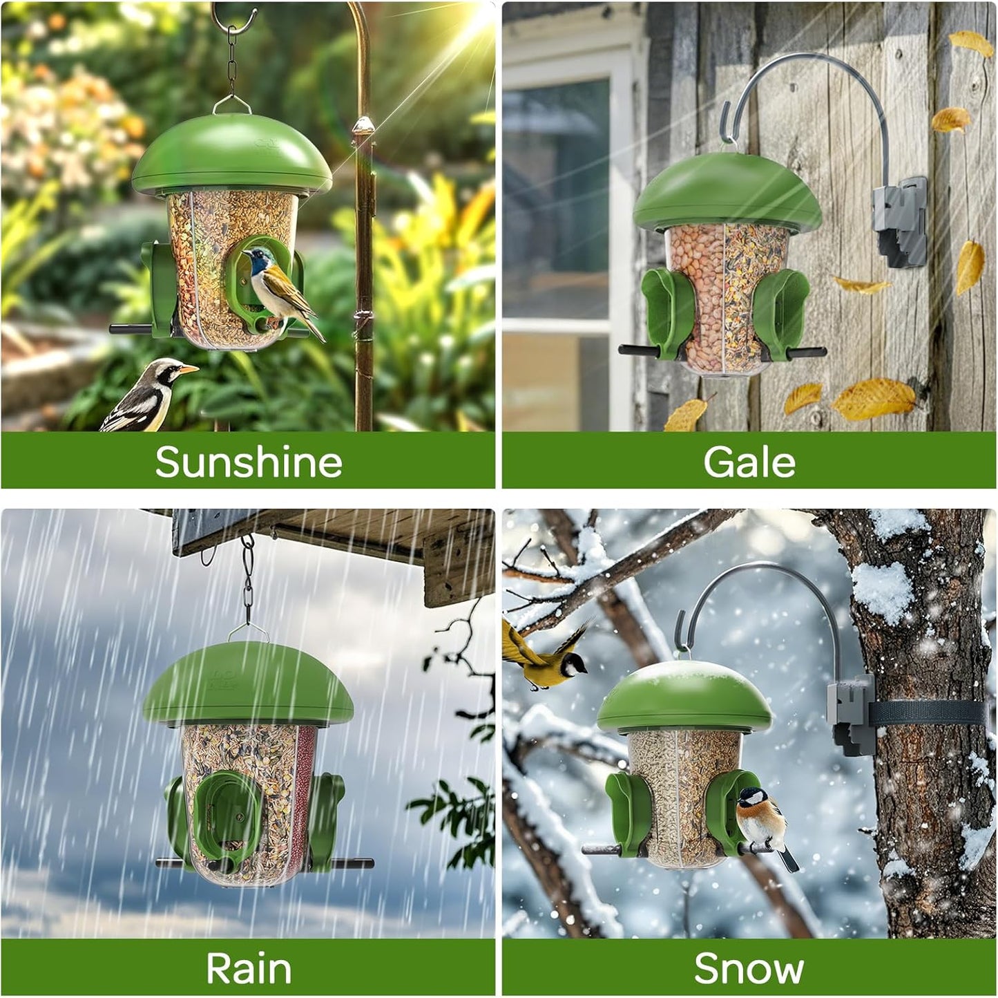 LONA Bird Feeders for Outdoors Hanging – 3 Separate Compartments, 3 Feeding Ports, Weatherproof Dome & 3 Ways to Hang, Large Capacity for Cardinals/Finches (Green
