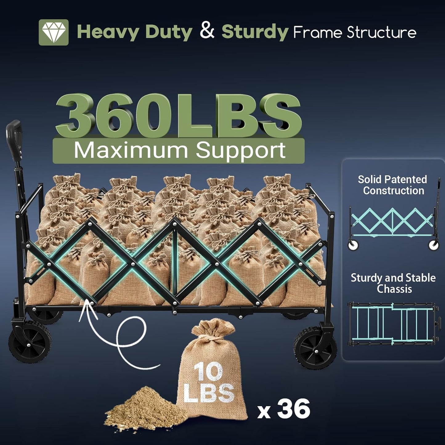 34'' Extra Long Collapsible Wagons Carts Foldable, 360LBS Heavy Duty Folding Beach Wagon Cart with Wheels, Portable Utility Outdoor Wagon for Grocery, Shopping, Garden, Sports, Purple