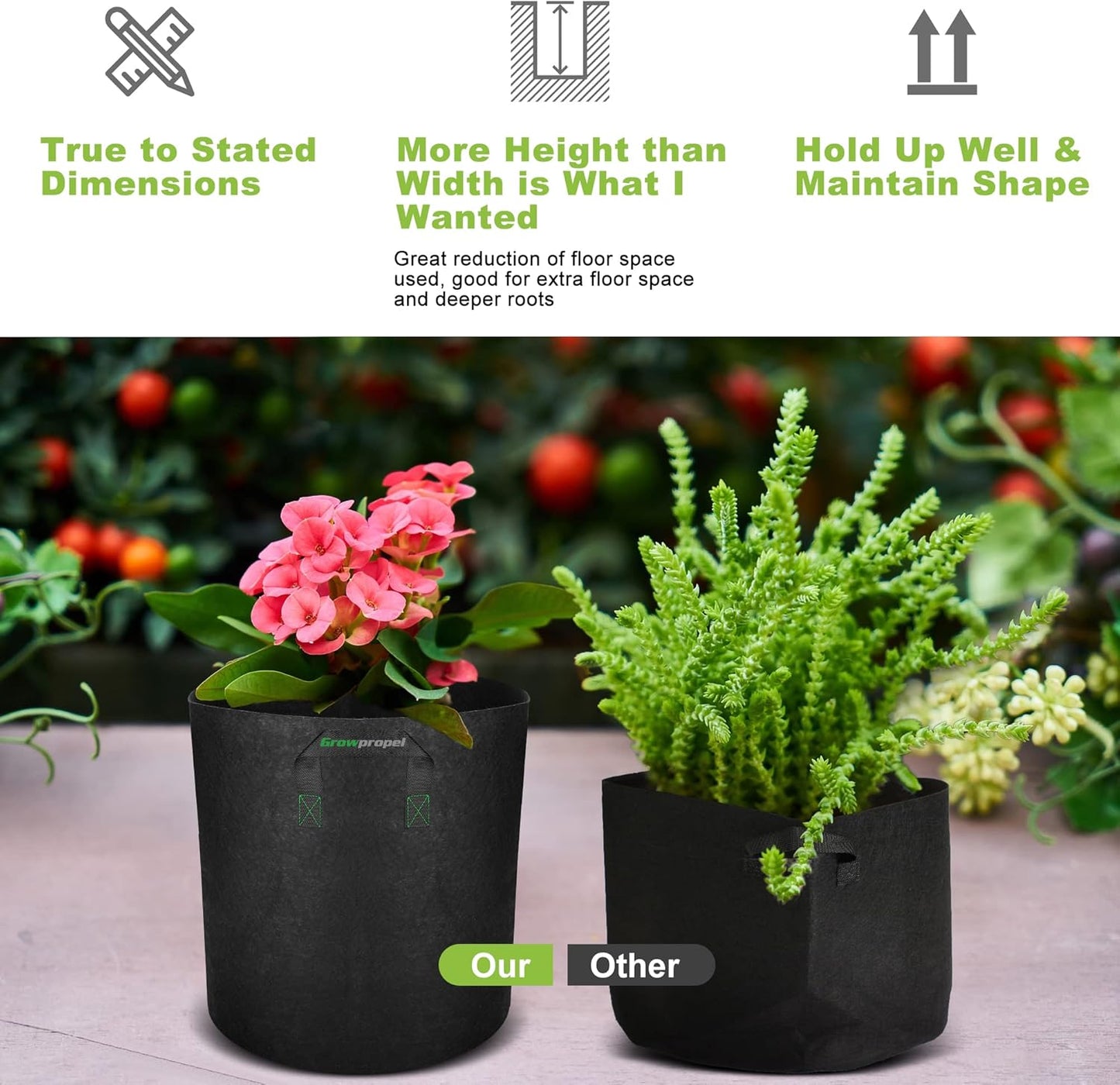 5 US Gallon 8 Pack Tall Grow Bags for Vegetables, Heavy Duty Nonwoven Aeration Fabric Deep Grow Pots with Handles