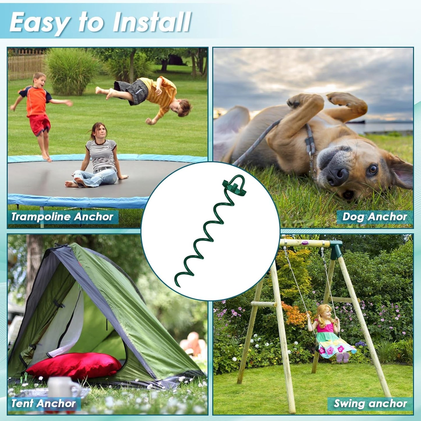 FEED GARDEN 16 Inch Spiral Ground Anchors Heavy Duty Screw in Spiral Stakes, 4 Pack Folding Ring Ground Stakes for Securing Dogs,Tents, Trampolines, Canopies, Swing Sets,Green
