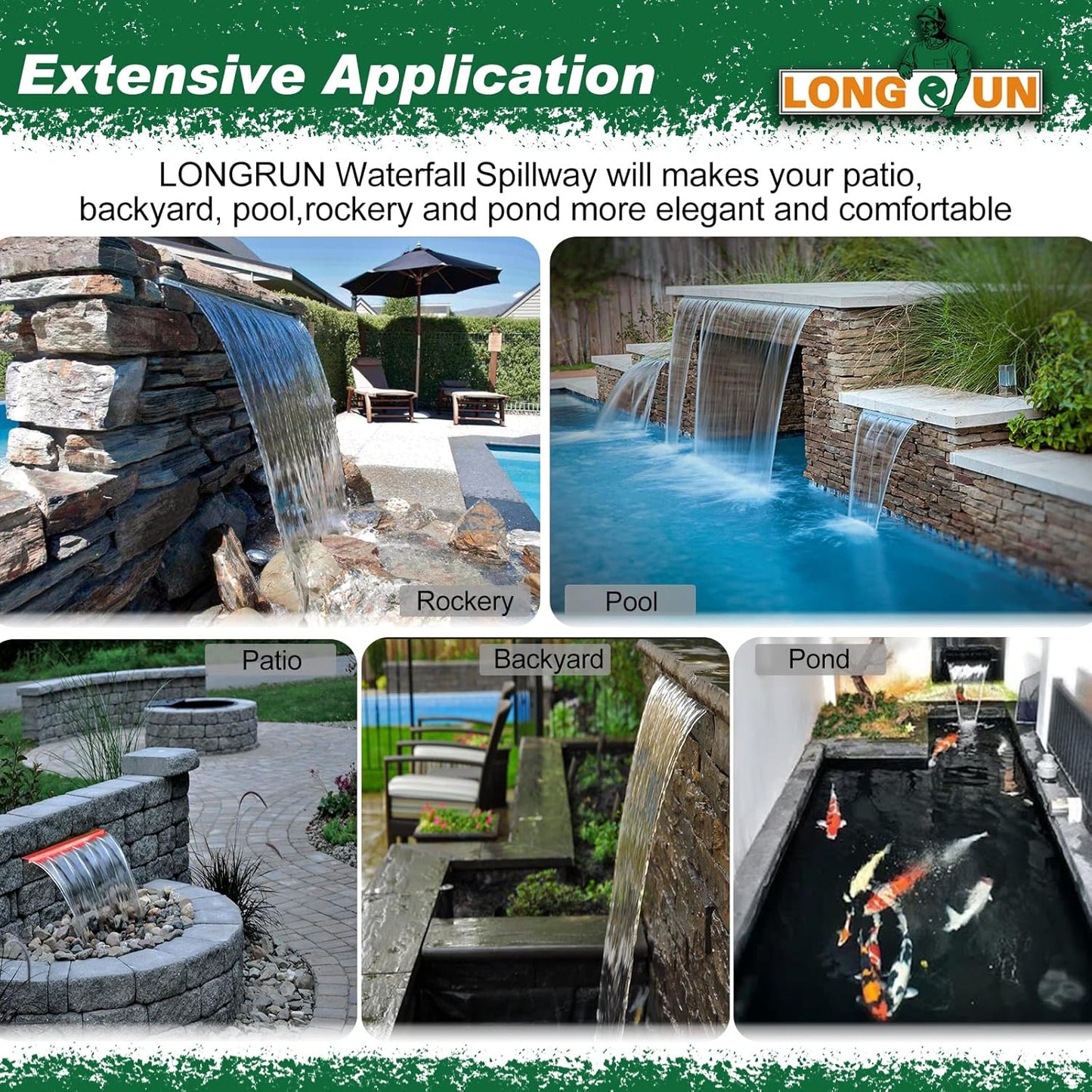 LONGRUN Waterfall Spillway, APP Control Multi-Color LED Light Outdoor Pool Fountain, Acrylic Water Spillway Koi Pond Waterfalls Fountains Kit for Garden Patio Swimming Pool Decoration-23.6"