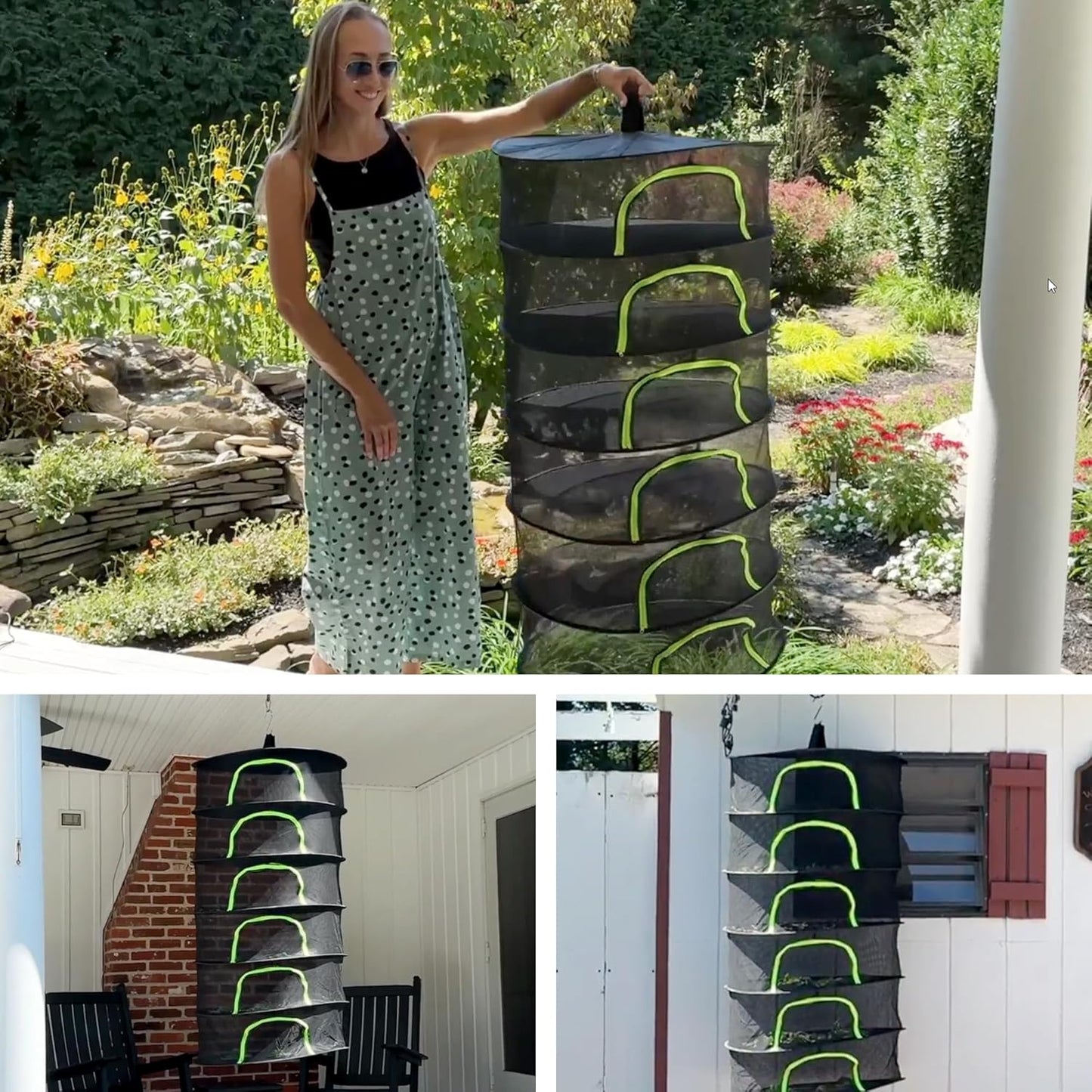 Herb Drying Rack Hanging Mesh 4 Layer 18" with Zipper, Garden Pruning Shear, Hook & Carabiner Clip for Drying Herbs, Plants, Seeds, Buds | Hydroponics & Grow Tents Herb Dryer Hanging Rack