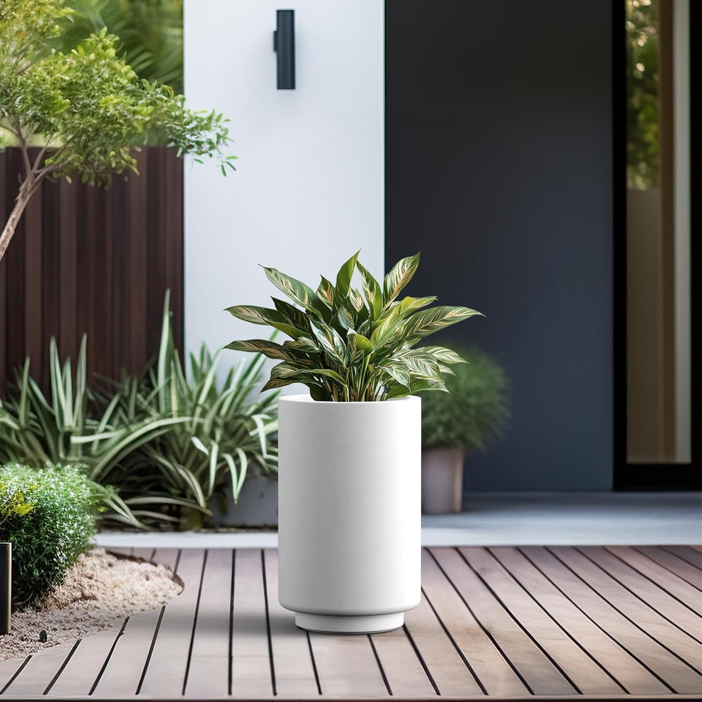 Kante 15.7 Inch Tall Concrete Planter, Round Pedestal Design Garden Pot for Indoor Outdoor Plants, Modern Garden Pot with Drainage Hole, White Finish with Aqua Blue Interior