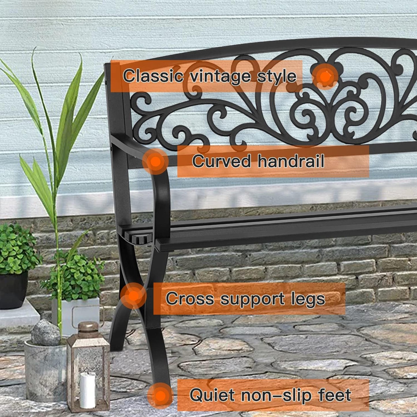 FDW Patio Garden Bench 50 inch Outdoor Metal Loveseat Chairs with Armrests Slatted Seat and w/Floral Design Backrest for Park, Yard, Porch, Lawn, Balcony, Backyard, Black