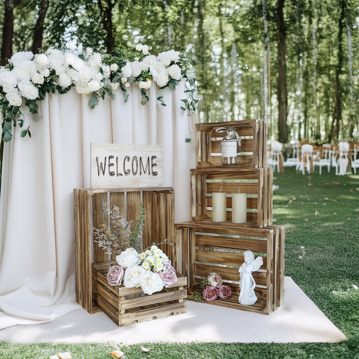 5-Piece Farmhouse Wooden Crate Set - Rustic Wooden Crates for Display and Storage, Large Torched Decorative Crates, Farmhouse Apple Crates, Painted Wood Crates for Decor
