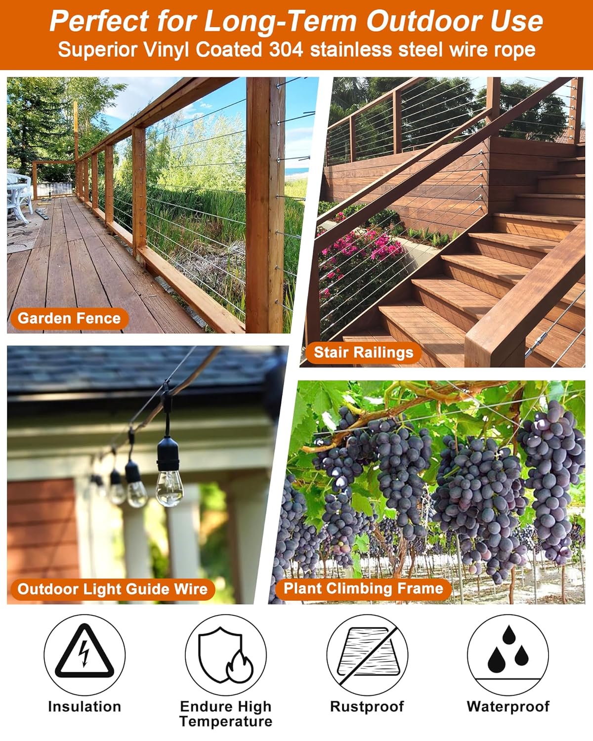 220 FT 1/8" Wire Rope Kit, 304 Stainless Steel Cable with M5 Turnbuckles for Cables Wire, Vinyl Coated String Lights Hanging Wires for Outdoor Camping, Trellis, Garden, Clothes line, Curtain, Festival