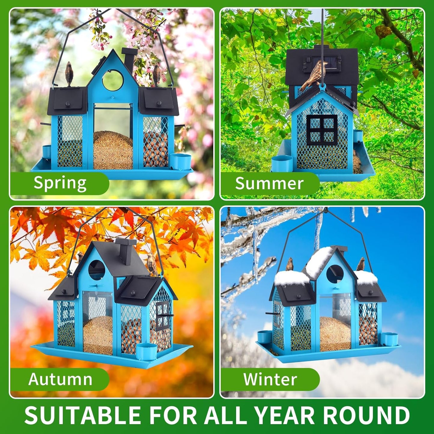 Solar Bird Feeders House for Outside Hanging, Metal Wild Bird Feeder for Outdoors, Large Cardinal Bird Feeder Birdhouses Squirrel Proof (Blue)
