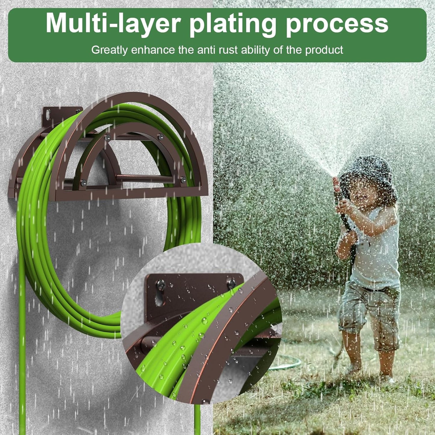 2 Pack Garden Hose Holder, Outdoor Hose Holder Wall Mounted Holds 125-ft Hose, Heavy Duty Metal Hose Hanger, Sturdy Detachable Hose Reel Storage Organizer, Hose Rack for Outside Garden Lawn, Bronze
