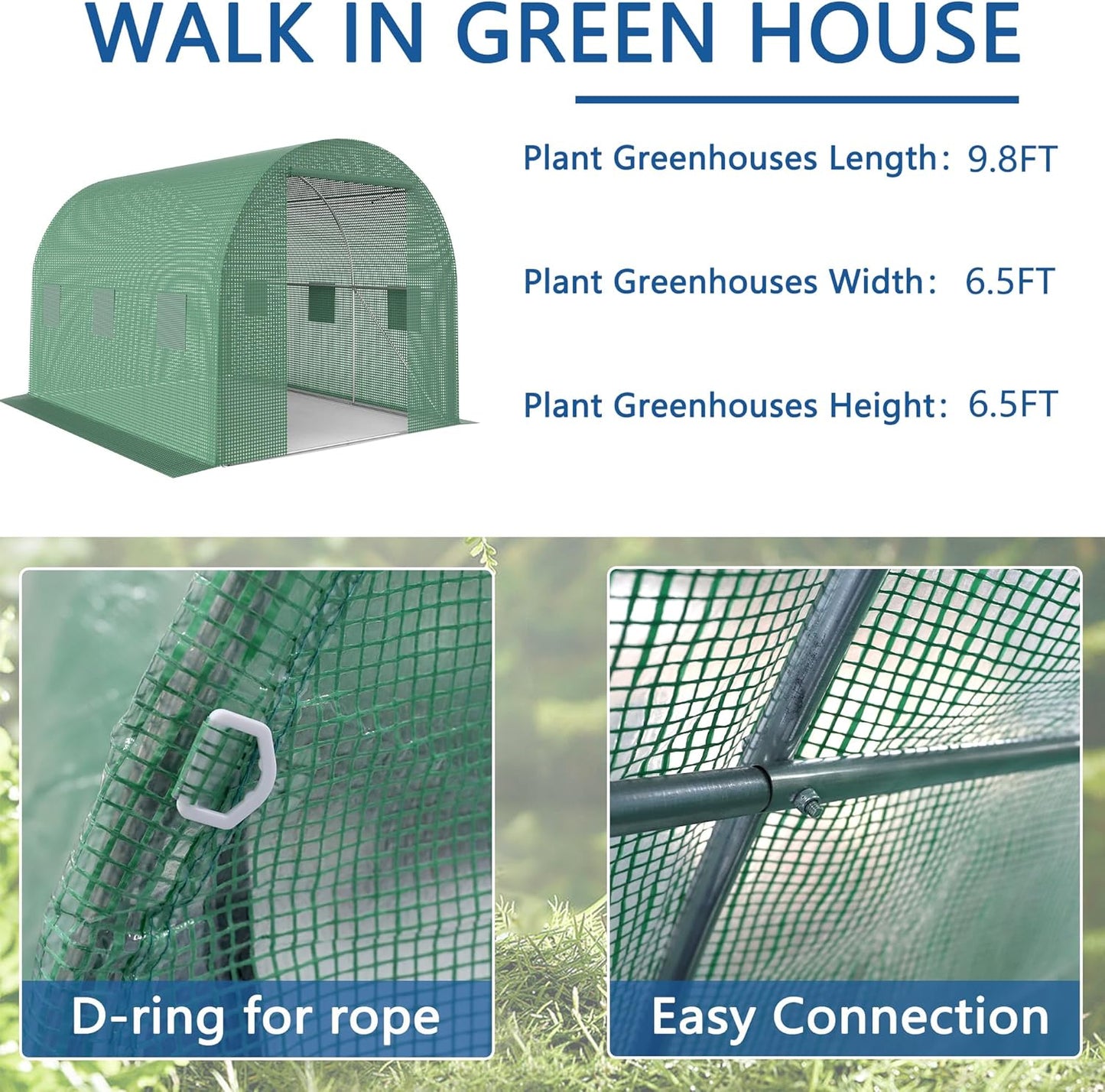 9.8*6.5*6.5FT Heavy Duty Greenhouse for Outdoors, Large Walk-in Green House with High Tunnel PE Cover & Irrigation Garden Sprinkler System for Winter, Green