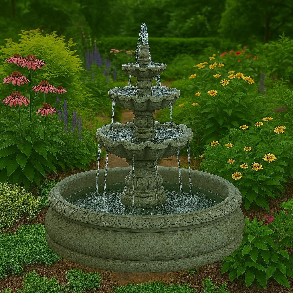Solid Rock Stoneworks 3 Tier Cantera Basin Fountain- 52" Tall- Cypress Stain Color