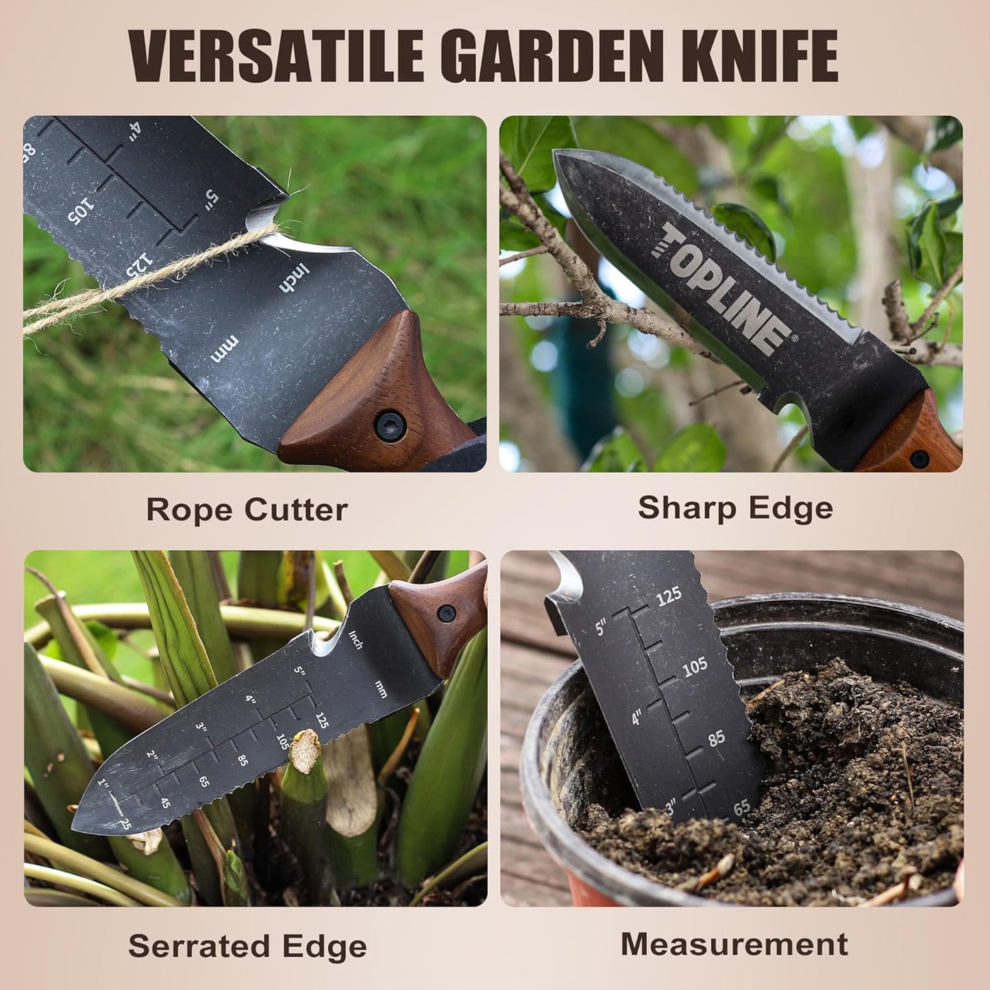 TOPLINE Hori Hori Garden Knife with Oxford Sheath, 7" Stainless Steel Blade with Cutting Edge, Full Tang Walnut Handle with Hanging Hole, Multifunctional Garden Tools for Weeding, Planting, Cutting