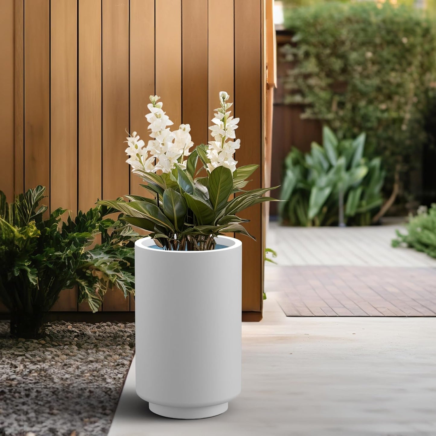 Kante 20.1 Inch Tall Concrete Planter, Round Pedestal Design Garden Pot for Indoor Outdoor Plants, Modern Garden Pot with Drainage Hole, White Finish with Aqua Blue Interior