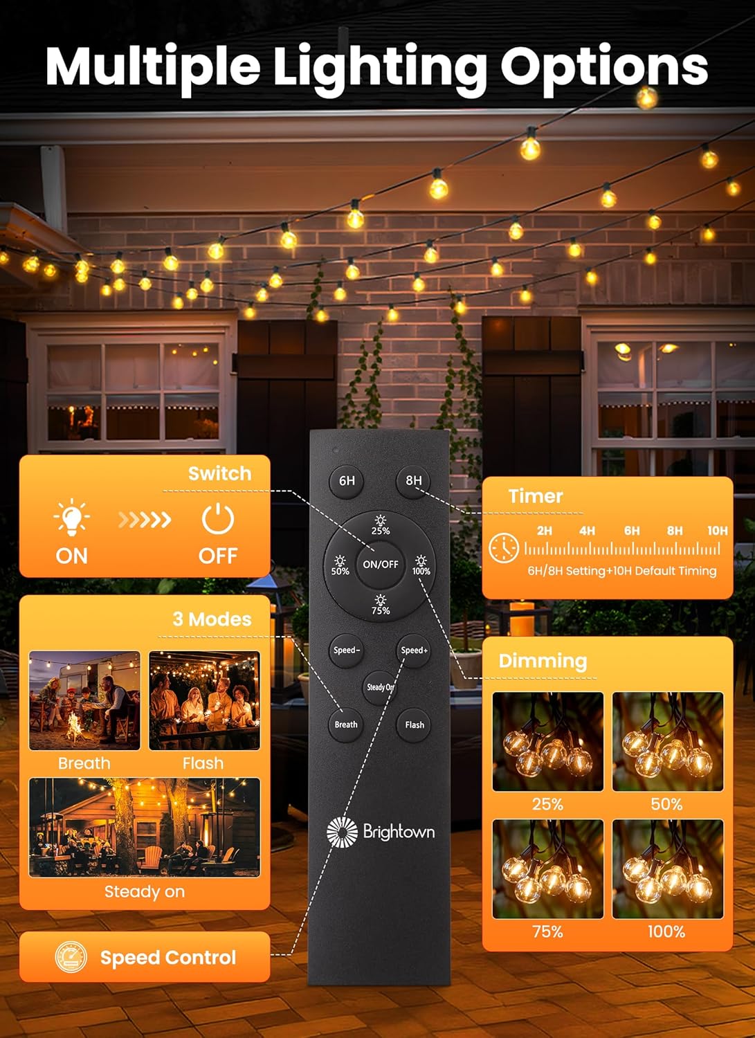 Brightown 38FT Solar String Lights Outdoor with Remote and 16 LED Shatterproof Bulbs, Dimmable & Timable, 3 Light Modes, Solar Patio String Lights Outdoor for Cafe, Garden, Deck, Outside Wedding