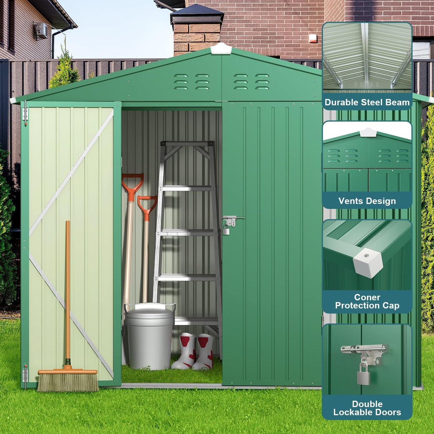 Gizoon Outdoor Storage Shed 8 x 6 FT, Galvanized Metal Garden Shed with Double Lockable Doors, Outdoor Storage Clearance for Backyard Patio Lawn-Green