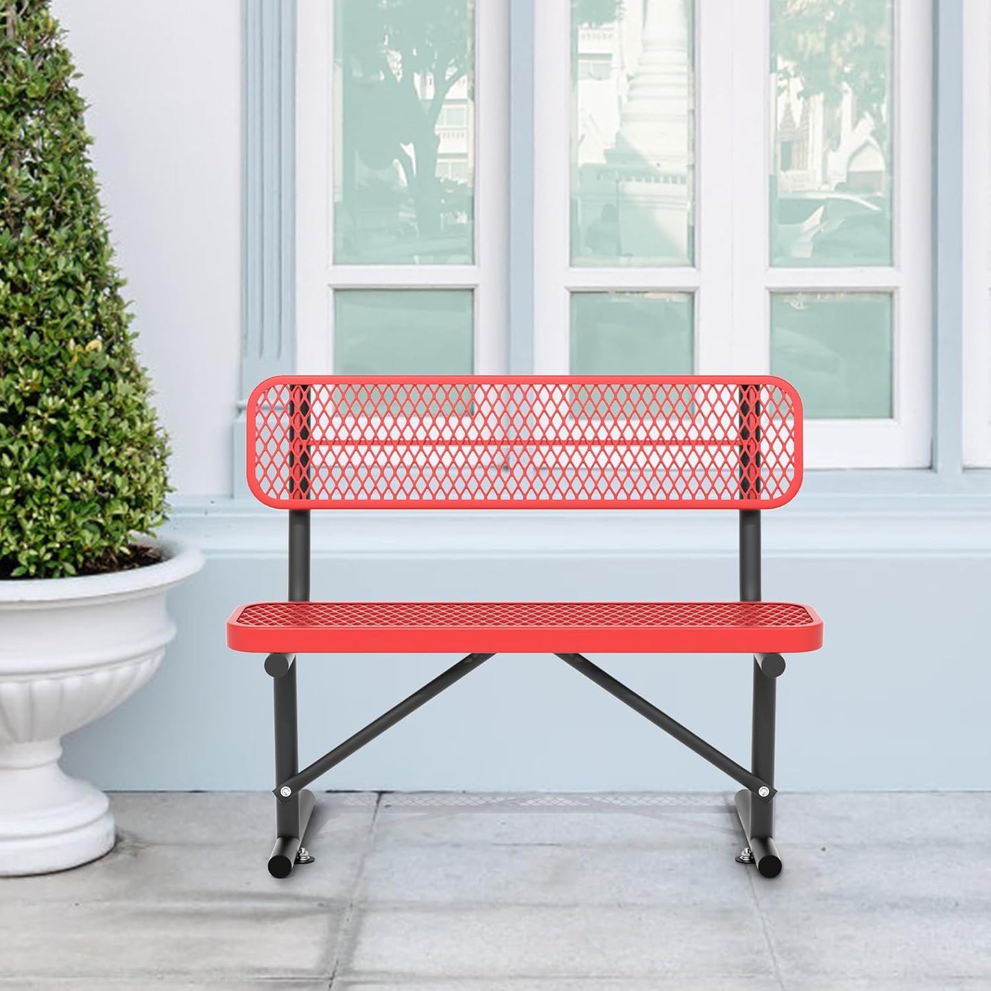 4/6/8 Feet Park Bench for Outside Heavy Duty Metal, Garden Benches Outdoor Bench with Backrest & Portable Frame, for Shopping Malls Stores Parks Patios Decks, Red