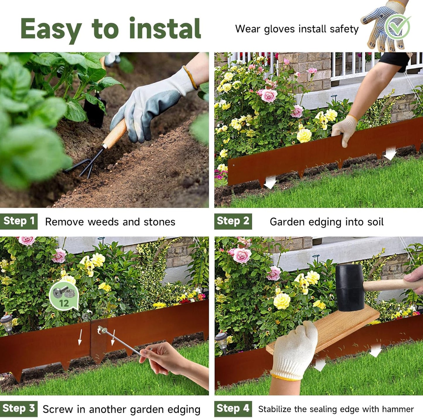 Corten Steel Landscape-40 LX 6" H Metal Garden Edging 20FT Total Rusted Lawn Edging 6 Pcs-No-Dig Hammer Heavy Duty Steel Edging-Bendable Border Strips for Lawn Yard Courtyard Pathway-6 Clips