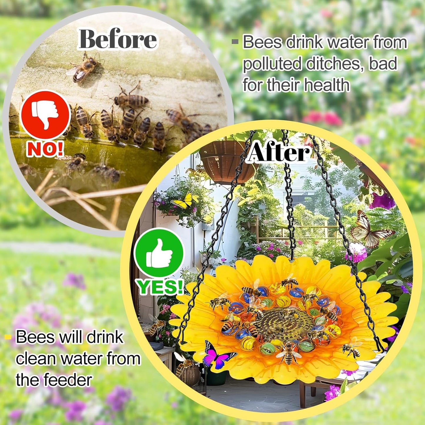 Bee Watering Station for Garden, Bee Bath Feeders for Outside with Vivid Flower Design, Hanging Butterfly Bath Bowl with Glass Balls for Outdoor Courtyard Decoration (2Pcs-Yellow)