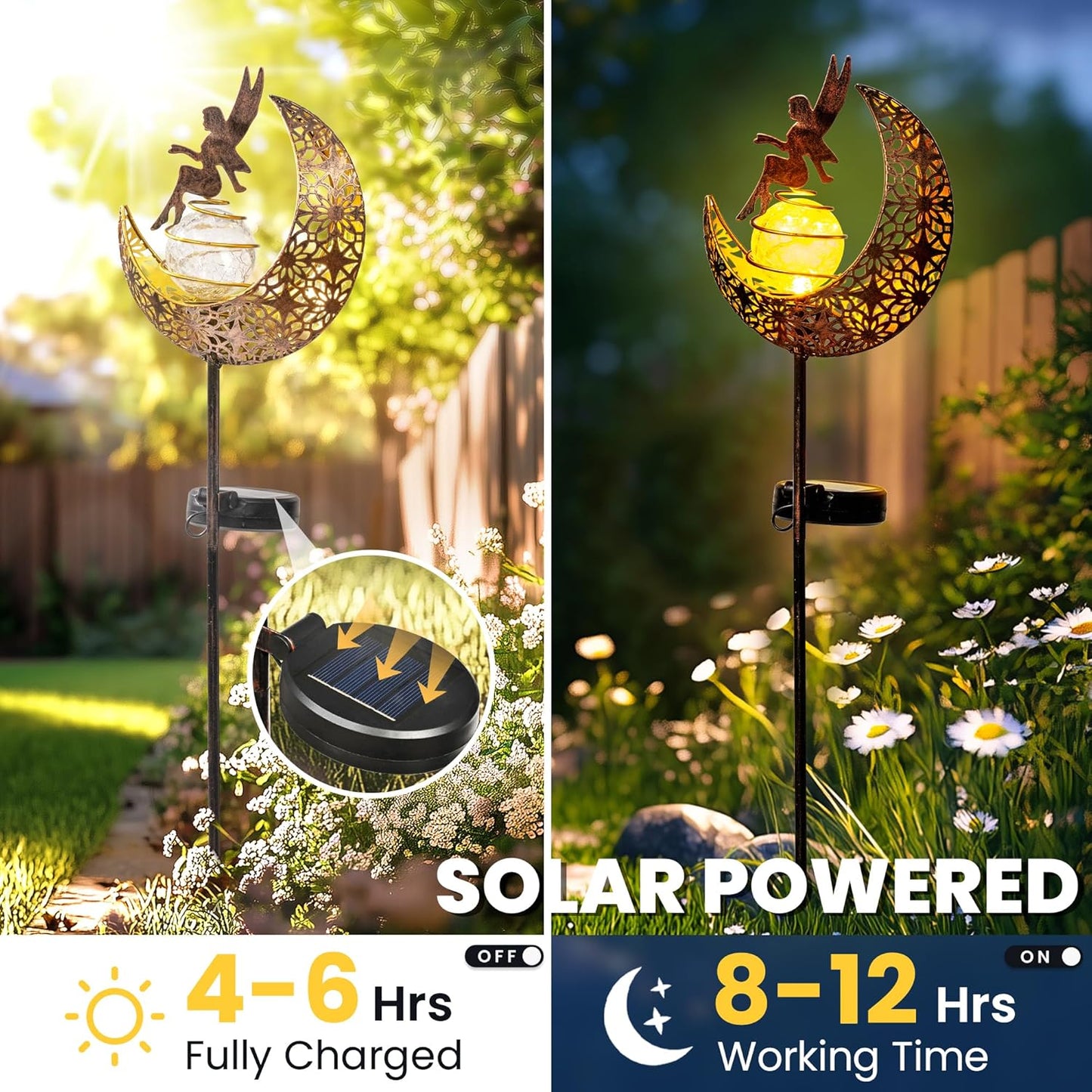 Fairy Garden Solar Lights Outdoor Moon Stakes, Waterproof Outdoor Metal Decor Gifts for Women Mom, Art Moon Sculpture for Yard, Patio, Garden, Porch, 2 Pack