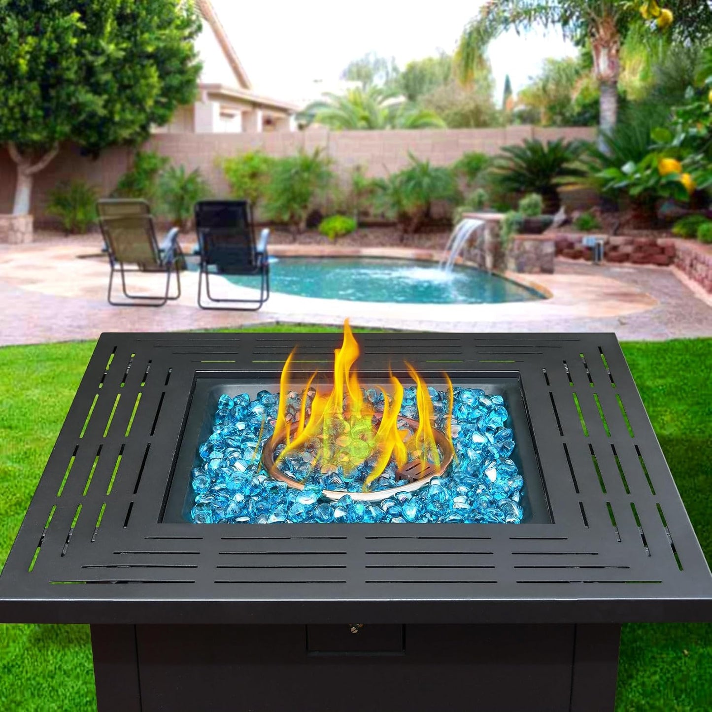 Fire Glass for Propane Firepit, Fireplace and Outdoor Decorative, Caribbean Blue Fire Pit Rocks 10LB, 1 Inch Diamond High Luster Glass Beads