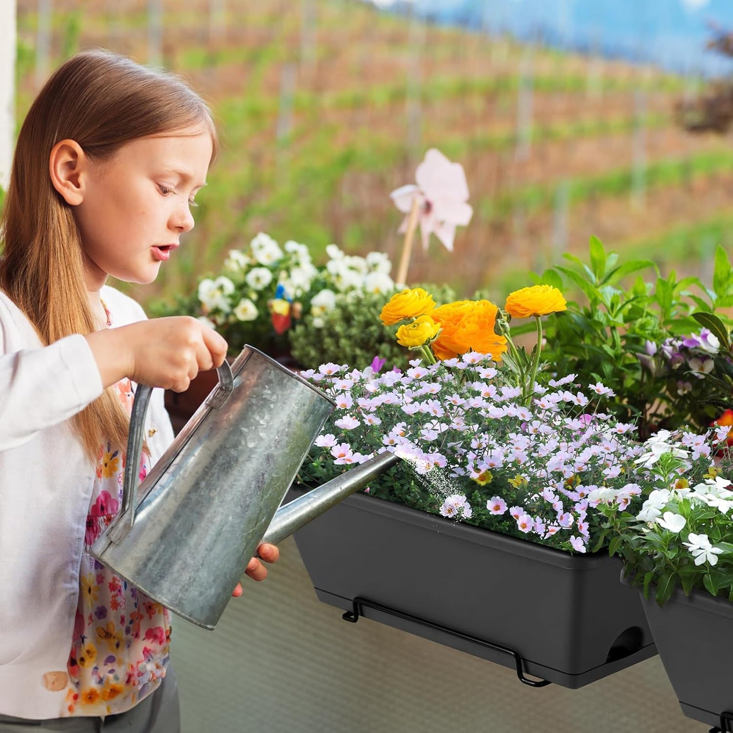 HAITRAL Hanging Planters for Outdoor Plants,Deck Railing Planter Boxes Countryside Style Window Boxes Planters, Balcony Flower Pots Plastic Railing Planter with Metal Brackets for Fence,Black 6 Pcs