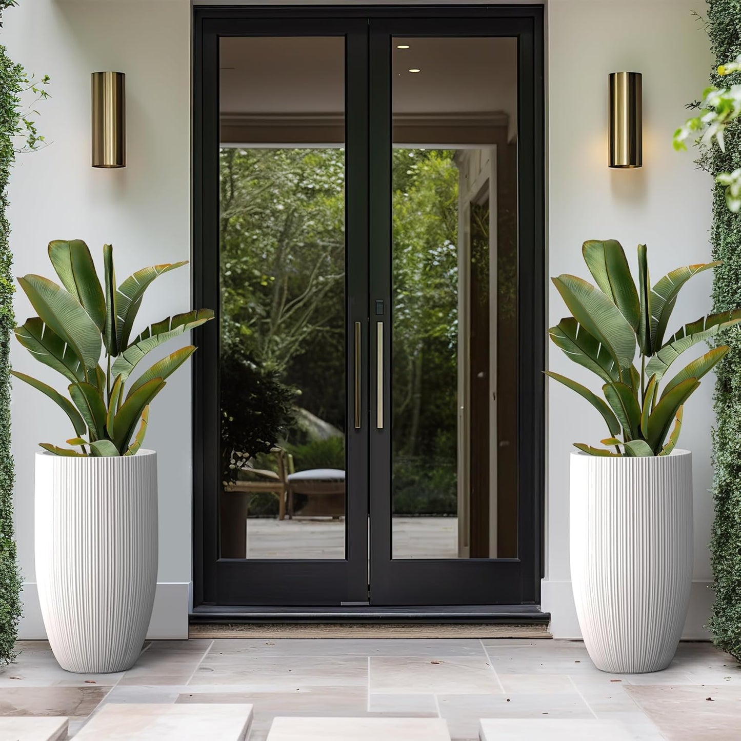 Kante 24 Inch Tall Round Concrete Planter, Large Indoor Outdoor Plant Pots with Drainage Hole and Rubber Plug, Modern Decorative Garden Pots for Home Patio Porch, Textured White