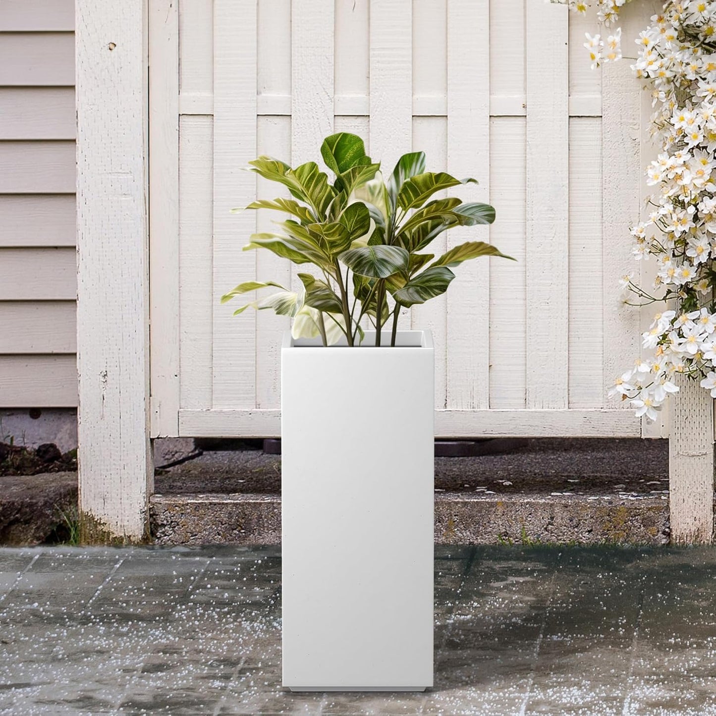 Kante 20.3" H Tall Rectangular Concrete Planter, Modern Square Diameter Plant Pot with Drainage Hole and Rubber Plug for Indoor Outdoor Home Patio Garden, Pure White
