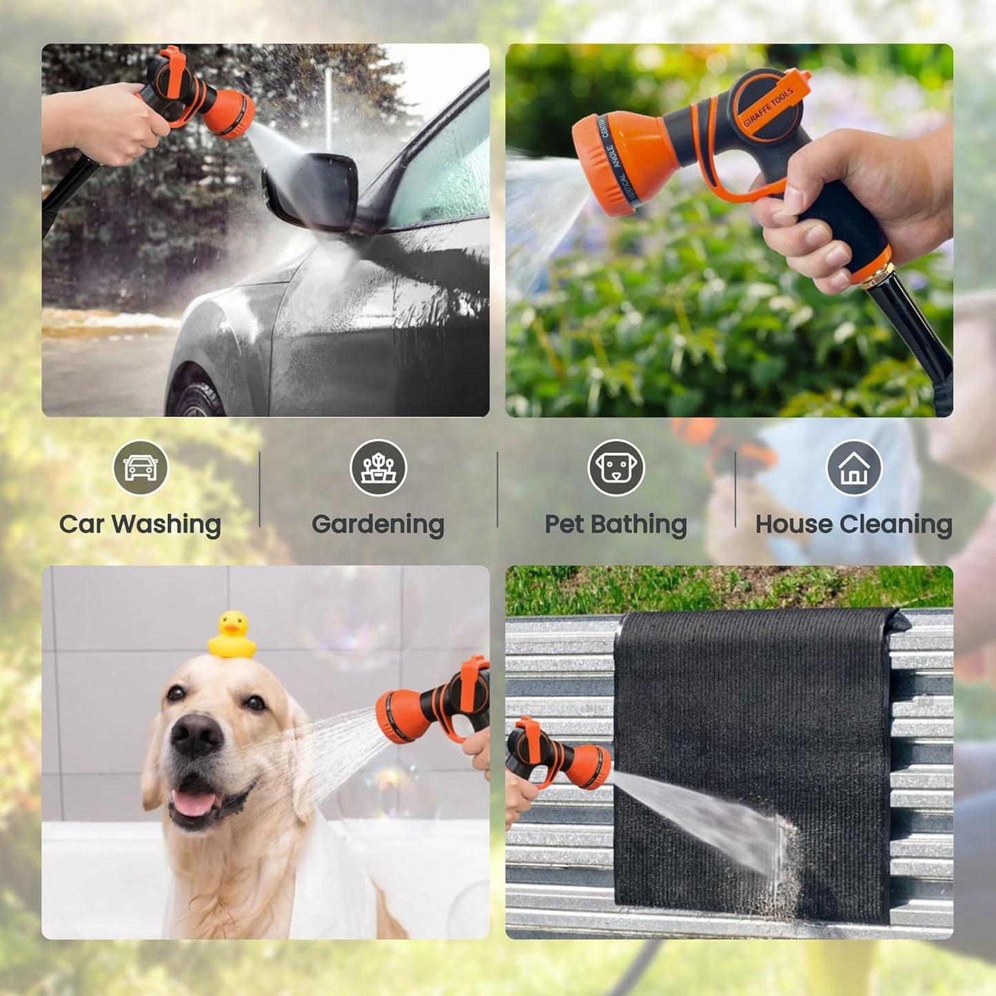 Giraffe Tools Garden Hose 50FT Lightweight Lay Flat Water Hose Kink Free Flexible Hose with 9 Spray Function Nozzle(Black)