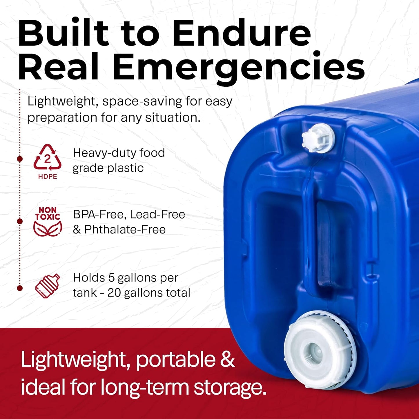 Emergency Water Storage Containers - 5 Gallon Each Water Storage Tank w/Lids + Spigot - Water Storage Container, Emergency Water Container, Survival Storage Tank - Stackable (20 Gallons (4 Tanks))