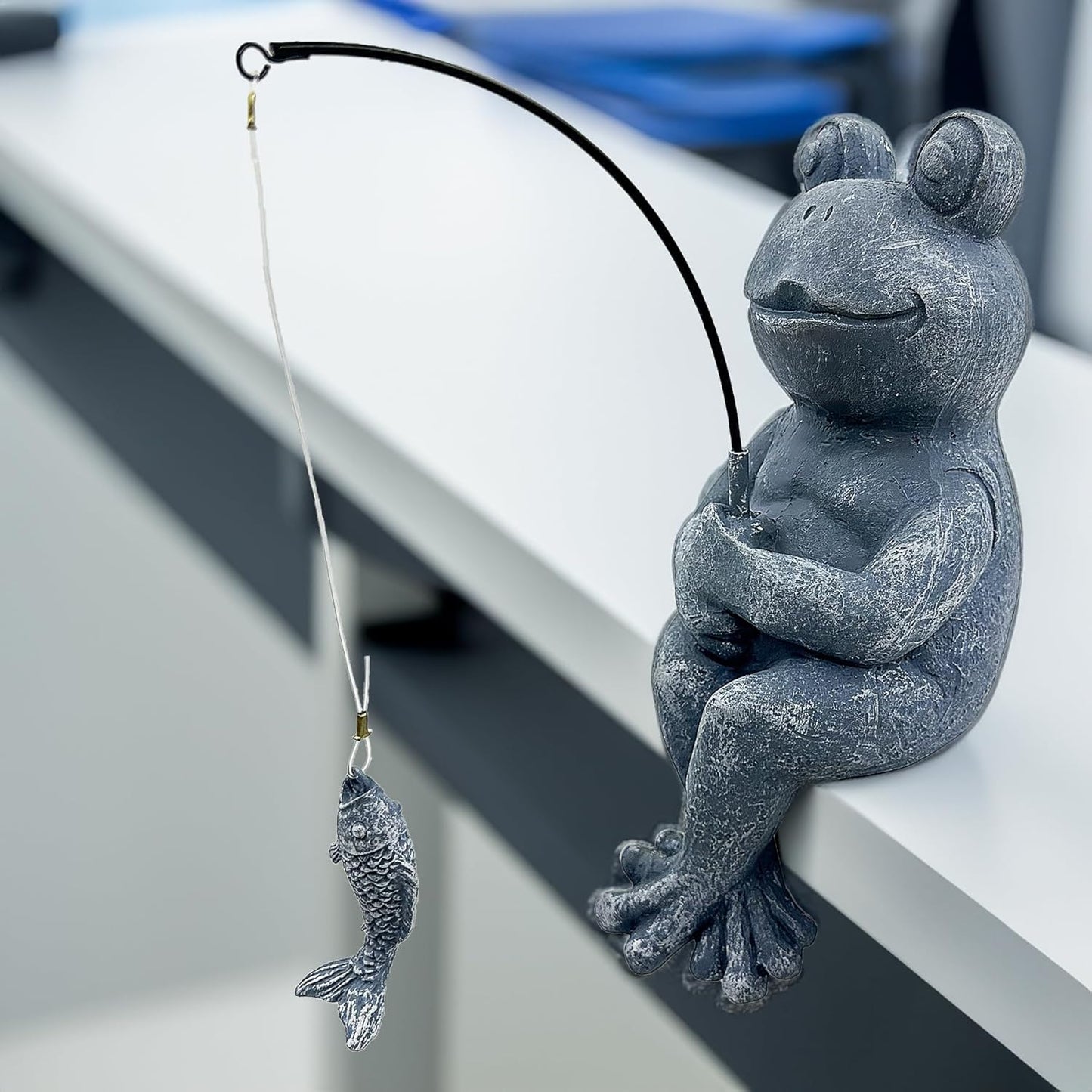 9.5" Fishing Frog Stone Look Sculpture, Whimsical Lawn Yard Art, Funny Garden Pond Fisherman Statue, Resin Animal Decorative Figurine, Ideal for Frog Fishing Lovers