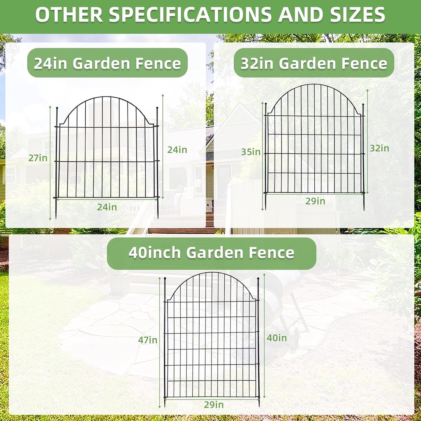 Decorative Metal Garden Fence with Gate Lock 5 Panels, 24in (H) x 10ft (L) No Dig Dog Fence Outdoor for Yard, Temporary Rustproof Metal Wire Rabbit Dog Garden Border Fencing for Patio