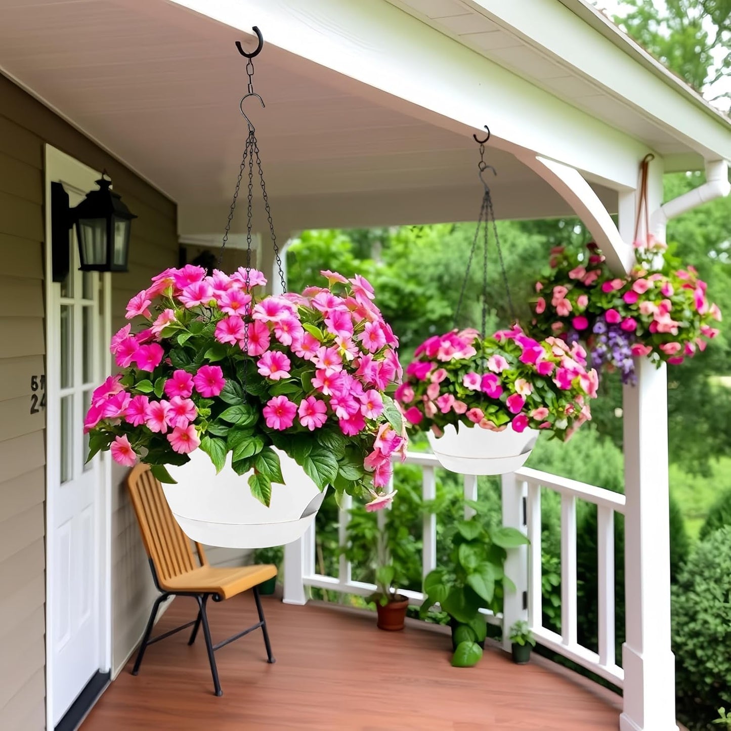2 Pack 12 Inch Large Hanging Planters with Chains Self Watering White Plastic Hanging Pots for Indoor Outdoor Plants, Garden Porch Home Decor,White