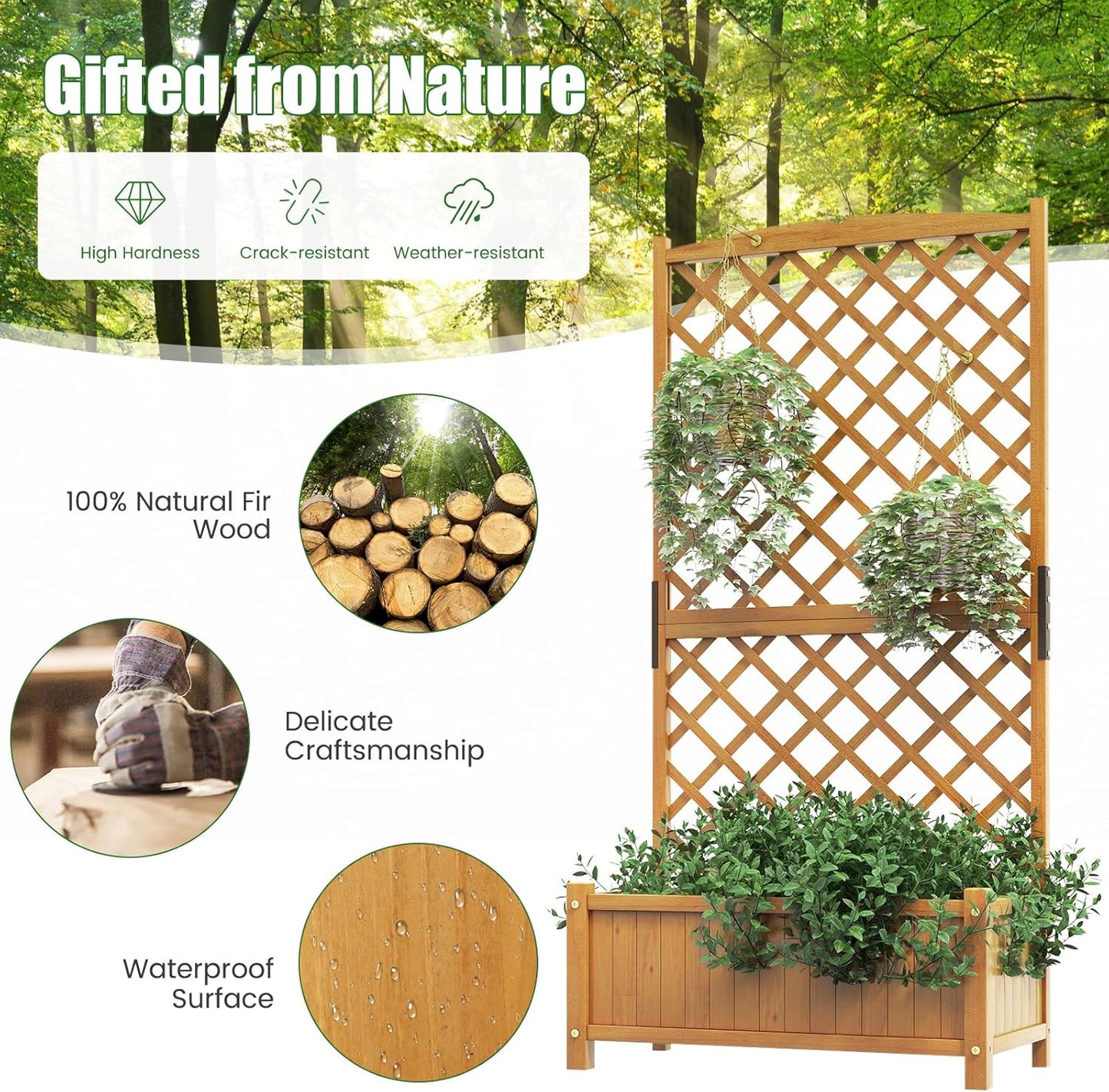 HAPPYGRILL Raised Garden Bed with Trellis, 71" Planter Raised Bed with Drainage Holes, Freestanding Garden Planter for Vine Climbing Plants, Wooden Planter Box for Yard Balcony(2, Yellow)